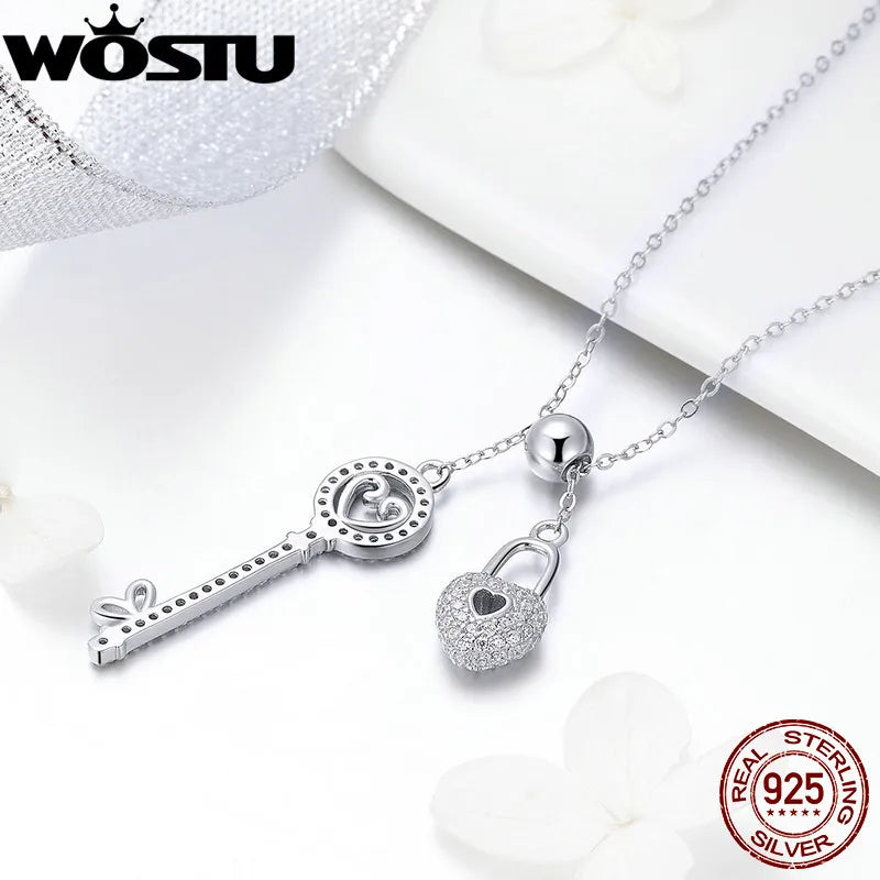 WOSTU Luxury 925 Sterling Silver The Key of Heart Lock Pendant Necklace For Women Girlfriend Wife Fashion Jewelry Gift CQN290