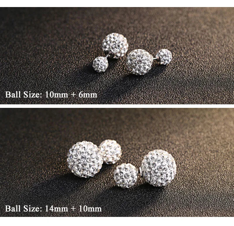 Real Pure Solid 925 Sterling Silver Stud Earrings for Women Jewelry Double Sided Crystal Ball Cubic Zircon Female Earrings Charm