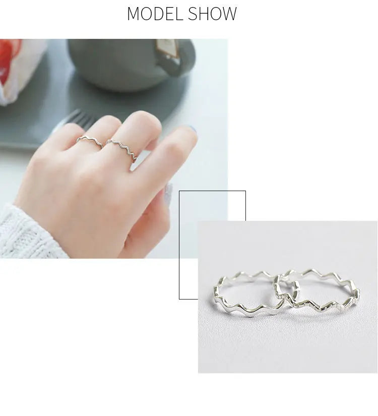 Real 925 Sterling Silver Finger Rings Rose Gold Simple Thin Line Curve Wave Wild Smooth Woman Girl Rings Striped Jewelry Wedding