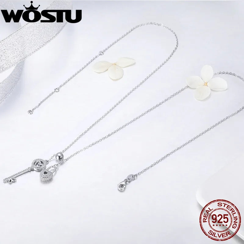 WOSTU Luxury 925 Sterling Silver The Key of Heart Lock Pendant Necklace For Women Girlfriend Wife Fashion Jewelry Gift CQN290