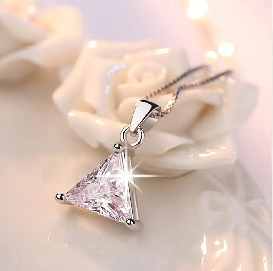 925 Sterling Silver Jewelry AAA Zirconia Triangle Pendant Necklace For Women Gift 45cm Link Chain choker collares S-N107