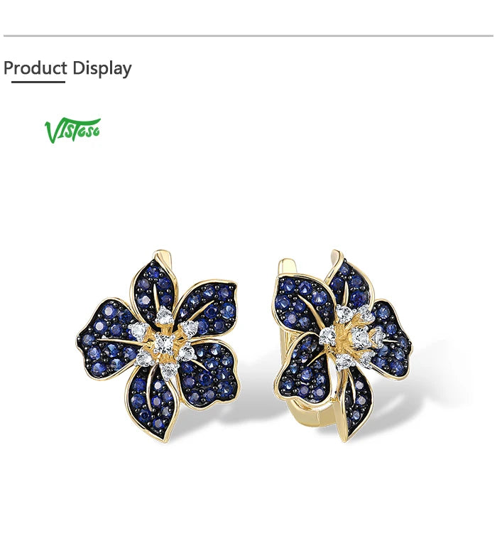 VISTOSO Gold Earrings For Women 9K 375 Yellow Gold Sparkling Lab Created Sapphire White Topaz Blue Lily Flower Fine Jewelry