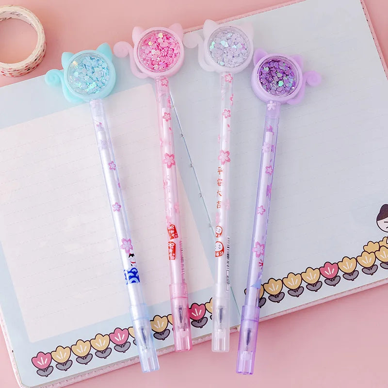 4Pcs/Set Kawaii Cat Tail Gel Pen Cute Sequins Transparent Rod Black Ink Gel Pens Office School Stationery Children Gift Pen