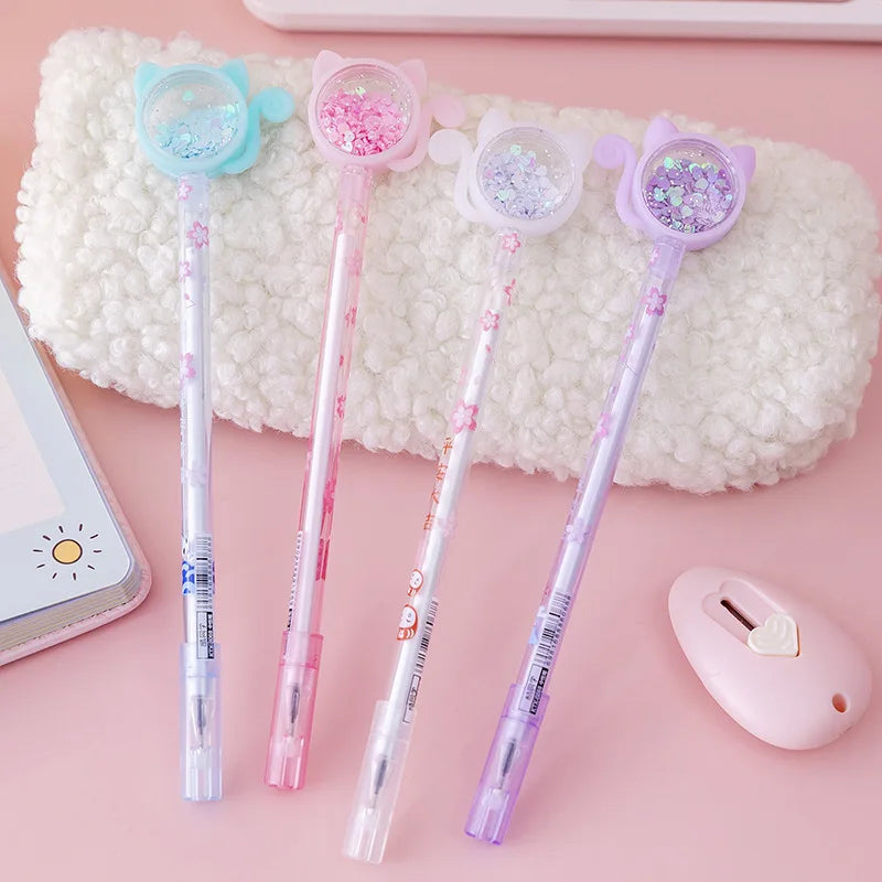 4Pcs/Set Kawaii Cat Tail Gel Pen Cute Sequins Transparent Rod Black Ink Gel Pens Office School Stationery Children Gift Pen