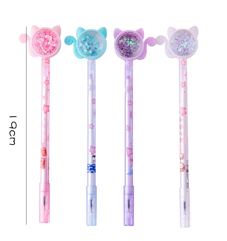 4Pcs/Set Kawaii Cat Tail Gel Pen Cute Sequins Transparent Rod Black Ink Gel Pens Office School Stationery Children Gift Pen