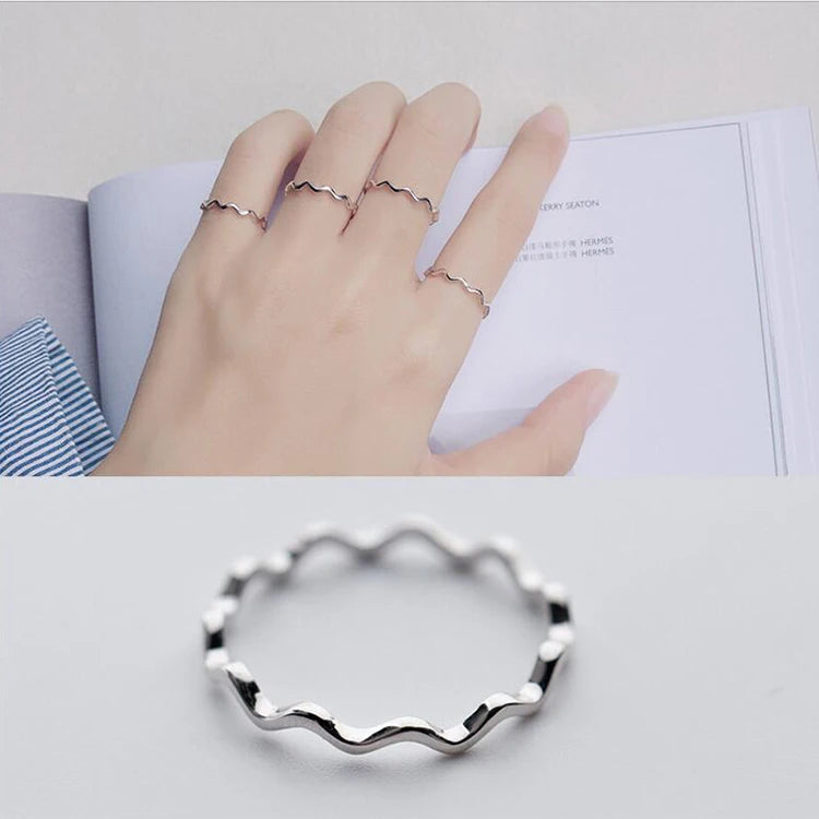 Real 925 Sterling Silver Finger Rings Rose Gold Simple Thin Line Curve Wave Wild Smooth Woman Girl Rings Striped Jewelry Wedding