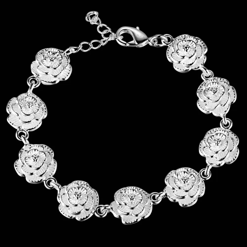 New 925 Sterling Silver Full Rose Flower Chain Bracelet For Women Fashion Pretty Wedding Party Holiday gift fine luxury Jewelry