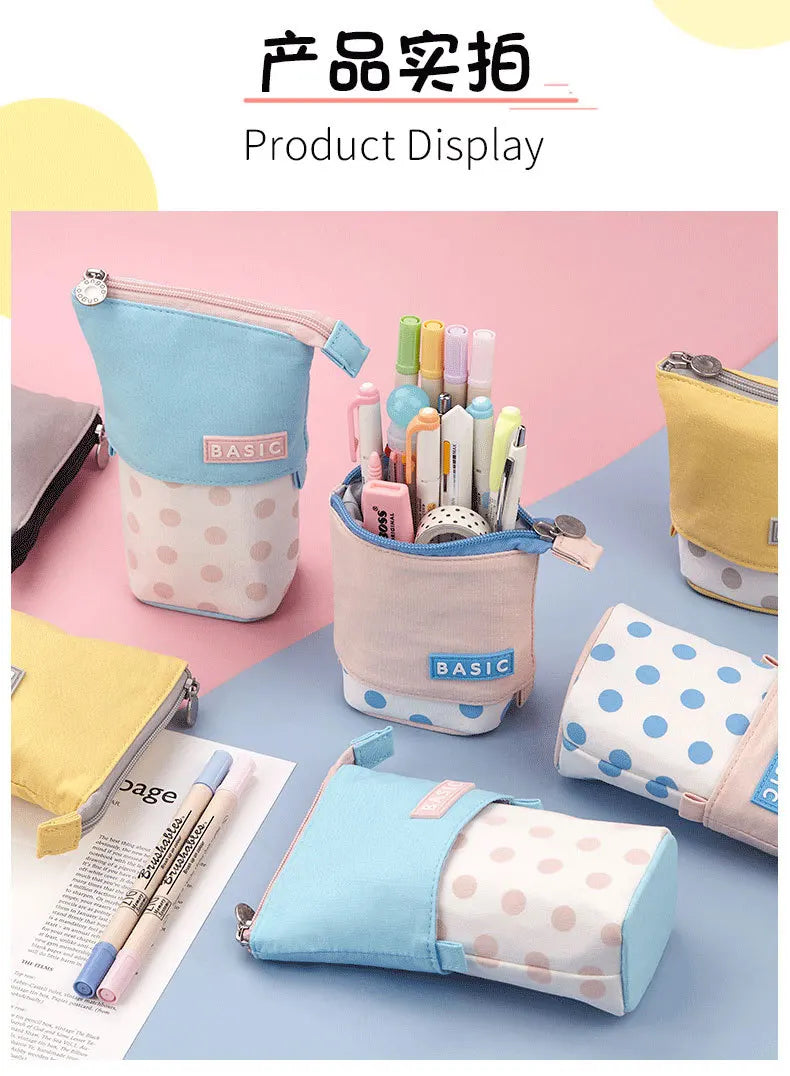 Pencil Case Dots Pen Holder Canvas Fabric Korea Stationary School Supplies Kid Ruler Organizer Gift Bag Transformer Standing Box