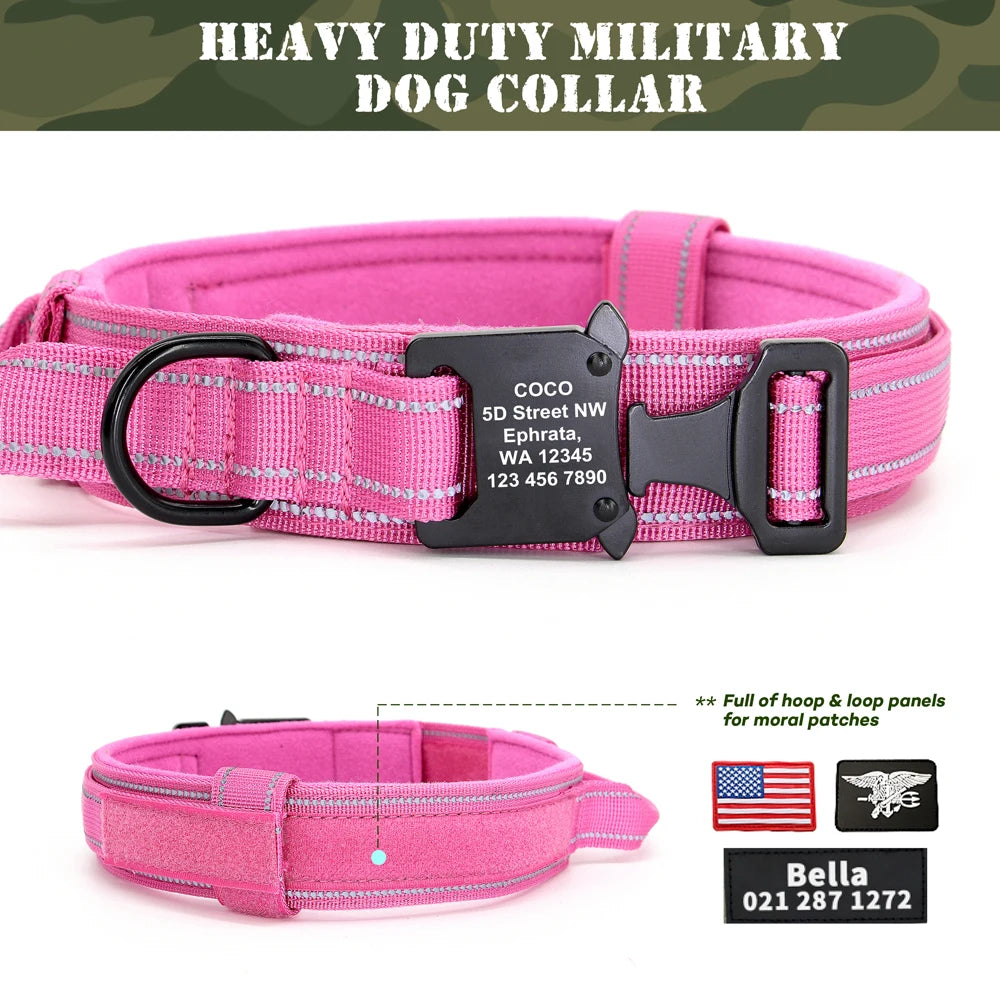 Military Tactical Pet Dog Collar Personalized Custom Nylon Reflective Small Medium Large Dog Collars Engraved ID Name Adjustable