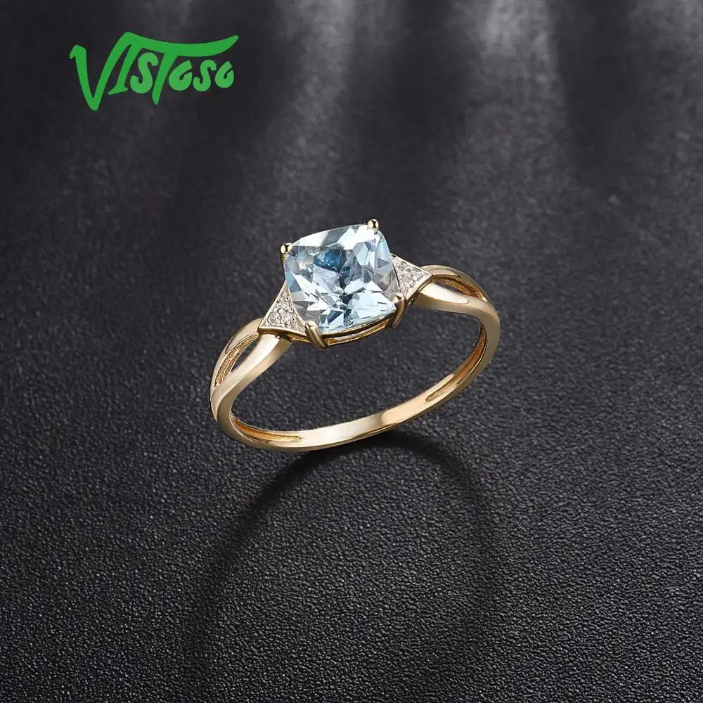 VISTOSO 14K 585 Yellow Gold Ring For Women Diamond Sky Blue Topaz Rings Gold 585 Real Original Anniversary Fine Jewelry