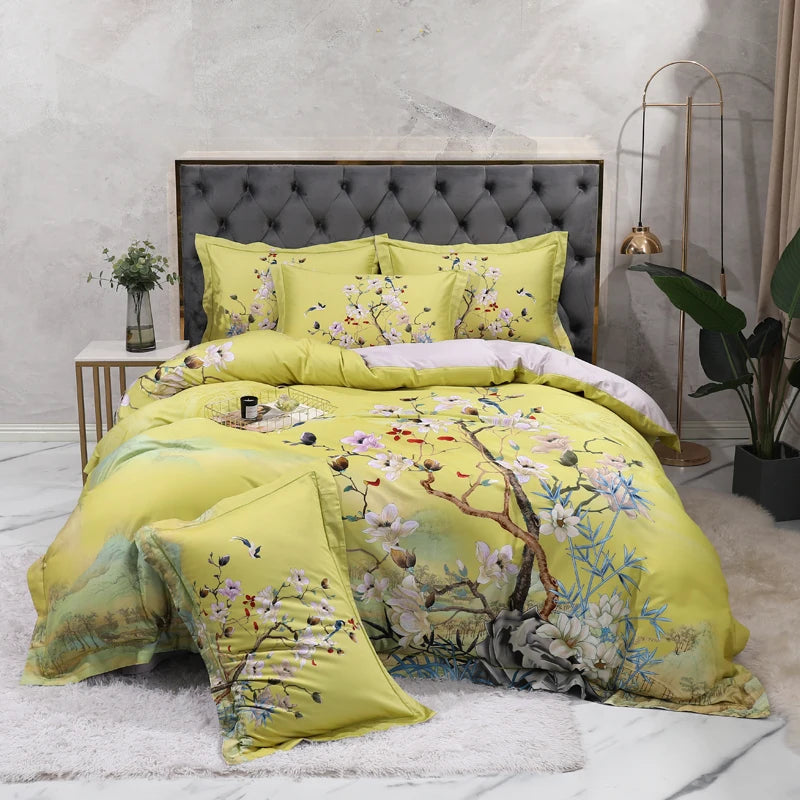 100% Egyptian Cotton US size Bedding Queen King size 4Pcs Birds and Flowers Leaf Gray Shabby Duvet Cover Bed sheet Pillow shams