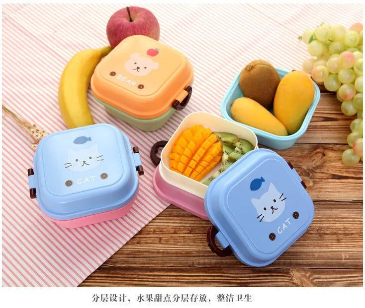 Cute Portable Colorful Cartoon Lunch Box Microwaveable Kids 2 Layer Food Fruit Container Picnic Outdoor Bento Box Child Gift