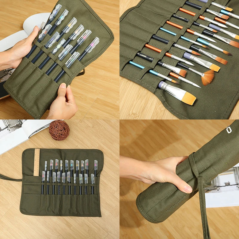 Brush Bag Artist Draw Pen Watercolor Roll Up Canvas Oil Paint Brush Cases Holder Paint Brush Cases Makeup Brushes Organizer