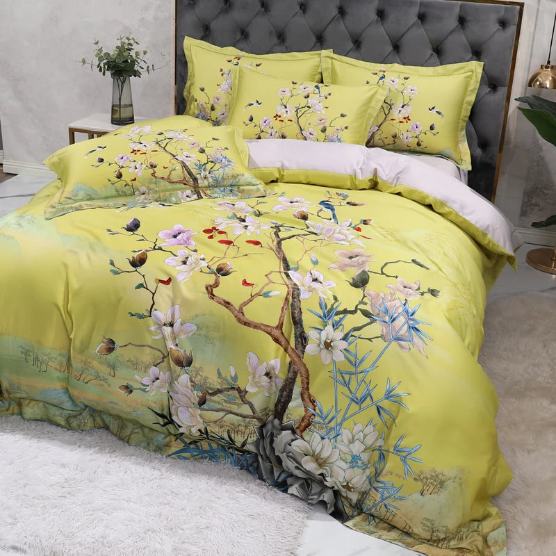 100% Egyptian Cotton US size Bedding Queen King size 4Pcs Birds and Flowers Leaf Gray Shabby Duvet Cover Bed sheet Pillow shams