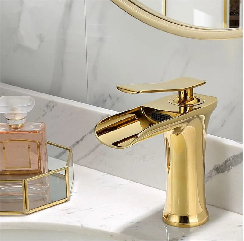 Basin Faucet Grey Waterfall Faucet Brass Bathroom Faucet Gold Bathroom Basin Faucet Mixer Tap Hot and Cold White Sink faucet
