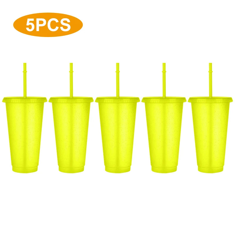 5PCS Flash Powder Water Bottles For Girl With Straw Reusable Hard Plastic Tumbler With lid Coffee Cup Drinkware Christmas Gift