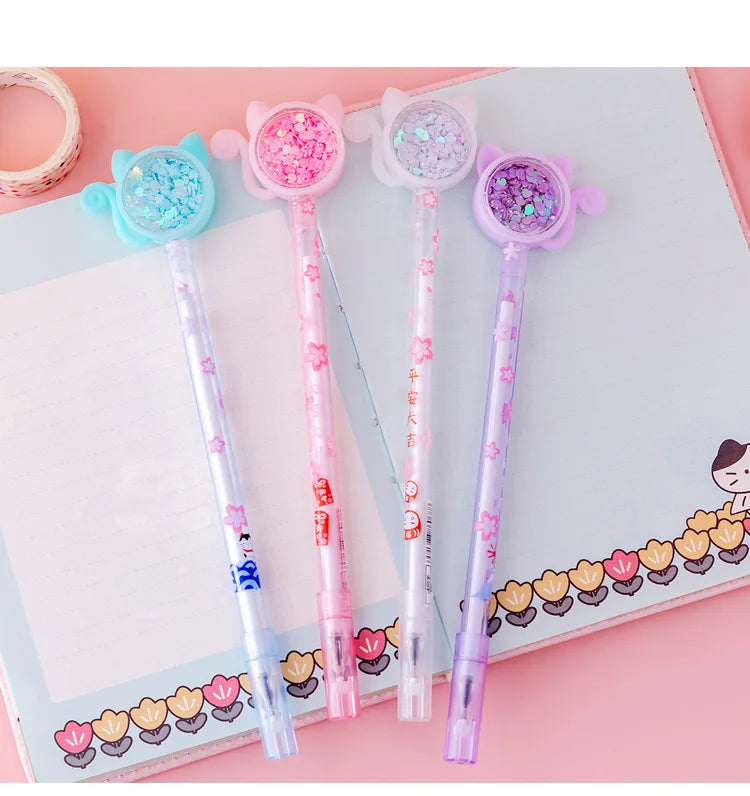 4Pcs/Set Kawaii Cat Tail Gel Pen Cute Sequins Transparent Rod Black Ink Gel Pens Office School Stationery Children Gift Pen