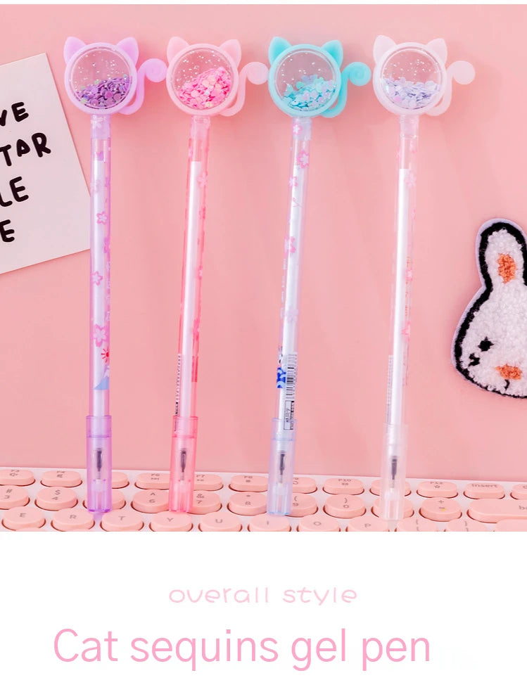 4Pcs/Set Kawaii Cat Tail Gel Pen Cute Sequins Transparent Rod Black Ink Gel Pens Office School Stationery Children Gift Pen