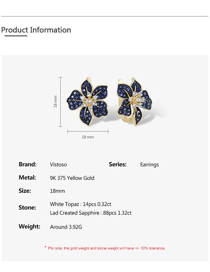 VISTOSO Gold Earrings For Women 9K 375 Yellow Gold Sparkling Lab Created Sapphire White Topaz Blue Lily Flower Fine Jewelry