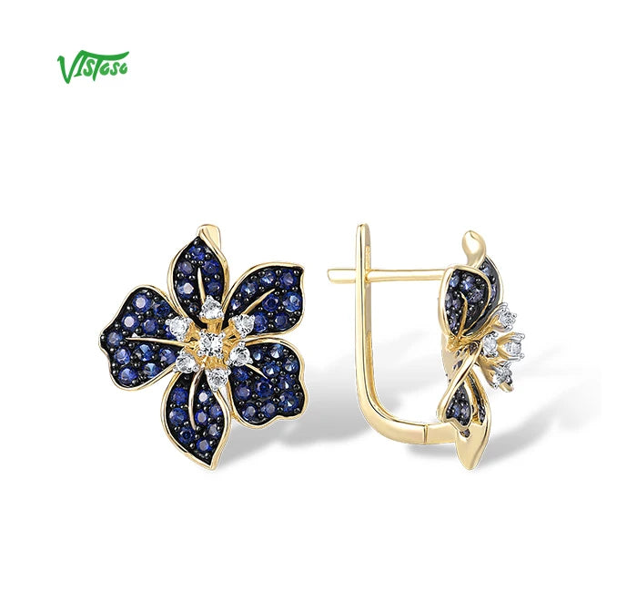 VISTOSO Gold Earrings For Women 9K 375 Yellow Gold Sparkling Lab Created Sapphire White Topaz Blue Lily Flower Fine Jewelry