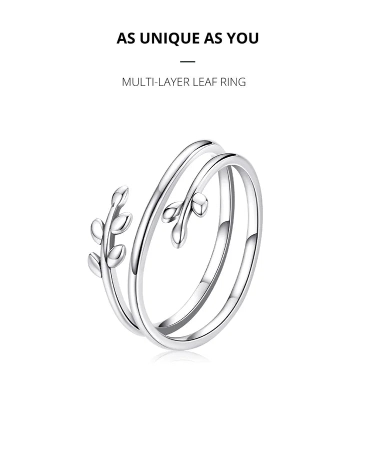 BAMOER Gold Plated Leaves Adjustable Ring,  S925 Silver Trendy Multilayer Leaf Open Ring for Women Fashion Jewelry Gift 2 Colors