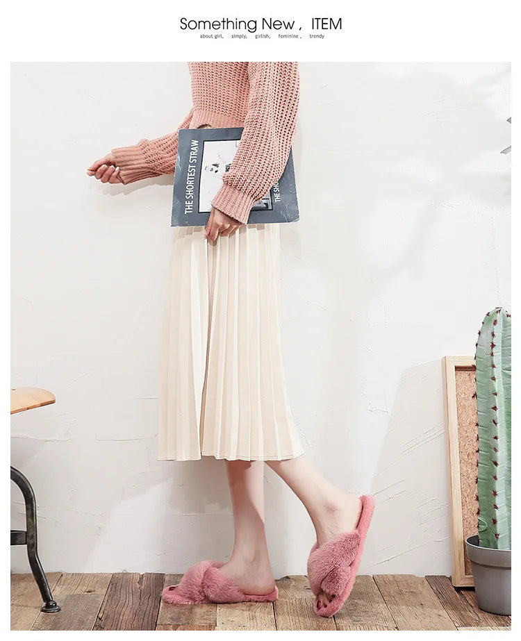Women Fashion Warm Fluffy Slippers Cozy Faux Fur Cross Indoor Floor Slides Flat Soft Furry Ladies Female Celebrities Flip Flops