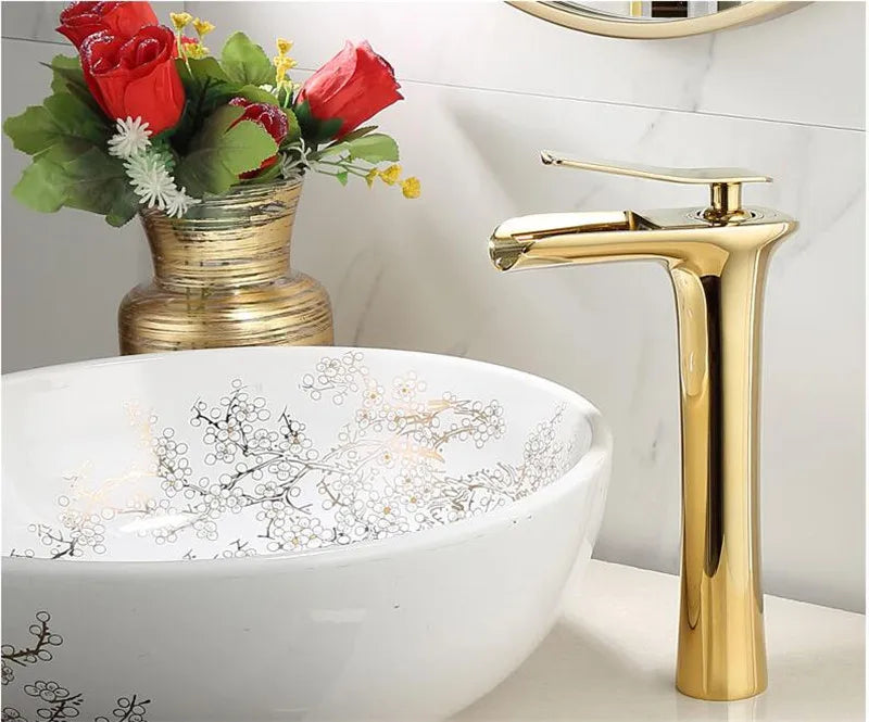 Basin Faucet Grey Waterfall Faucet Brass Bathroom Faucet Gold Bathroom Basin Faucet Mixer Tap Hot and Cold White Sink faucet