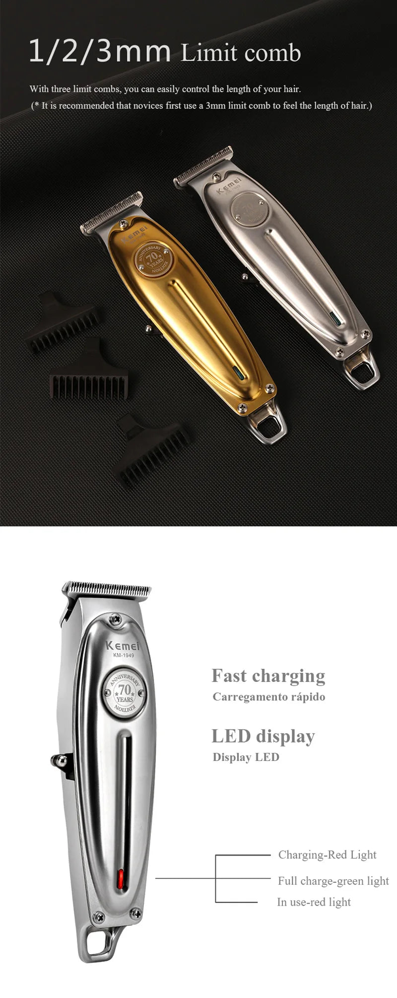 Kemei 1949 Hair Clipper Finishing Hair Cutting Machine Electric Barber Full Metal Professional Cordless Beard Hair Trimmer Men