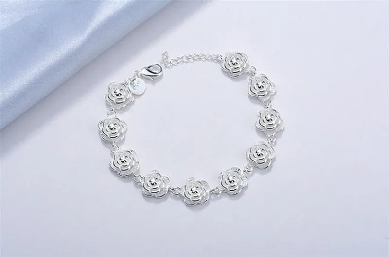 New 925 Sterling Silver Full Rose Flower Chain Bracelet For Women Fashion Pretty Wedding Party Holiday gift fine luxury Jewelry