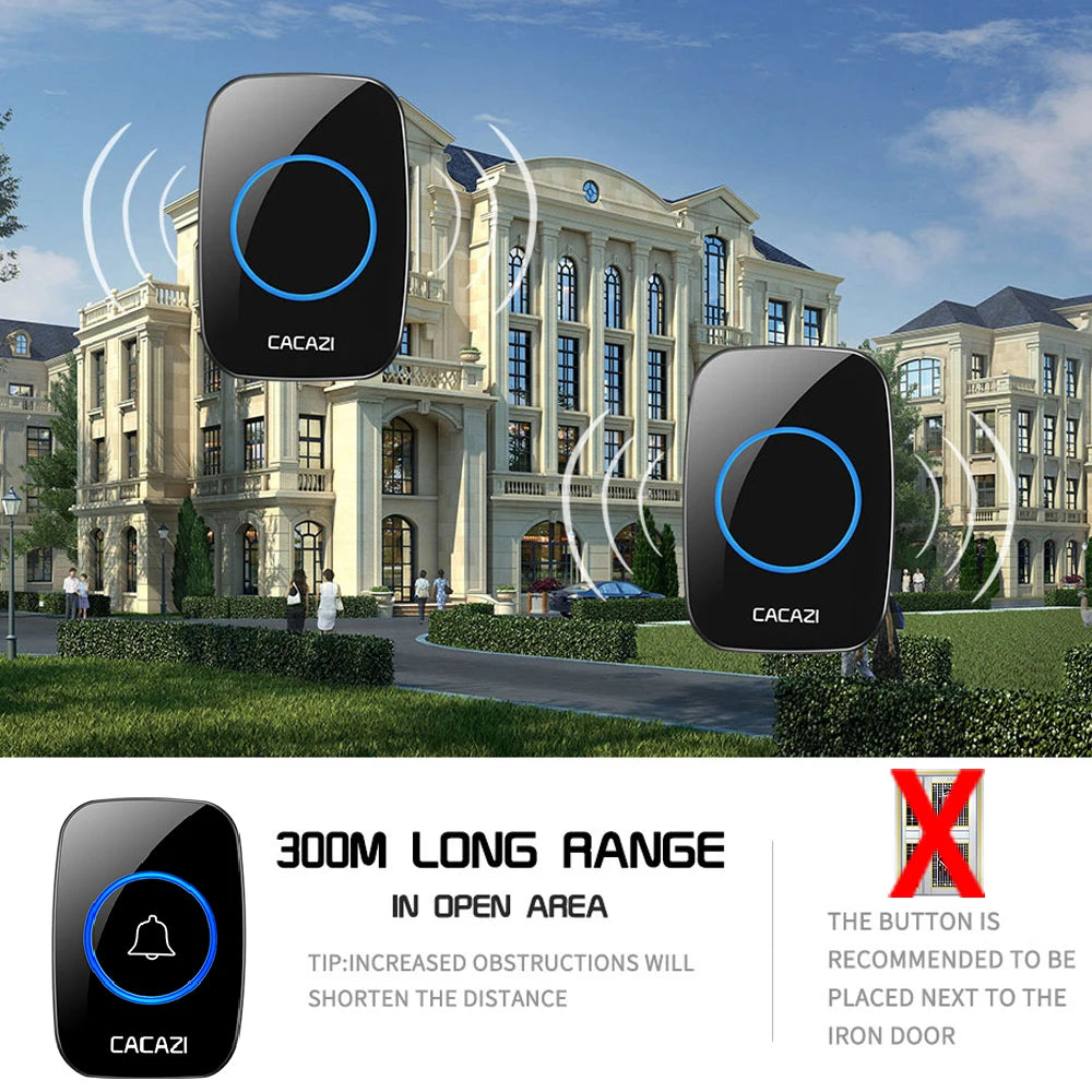 CACAZI Wireless Waterproof Doorbell 300m Range US EU UK AU Plug Home Intelligent Door Bell Chime 1 2 Button 1 2 3 Receiver