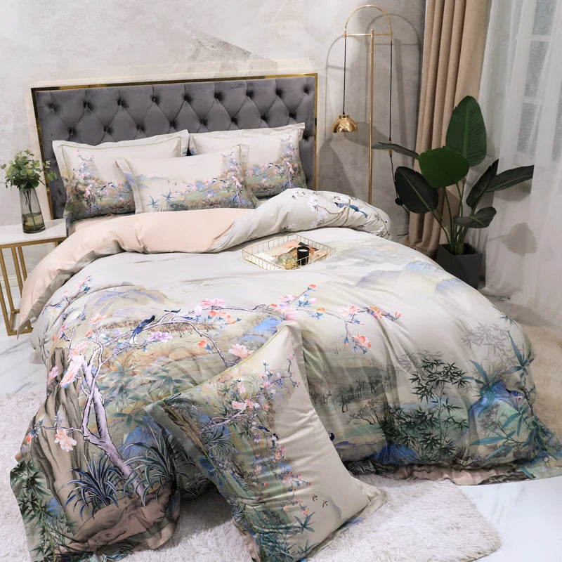 100% Egyptian Cotton US size Bedding Queen King size 4Pcs Birds and Flowers Leaf Gray Shabby Duvet Cover Bed sheet Pillow shams