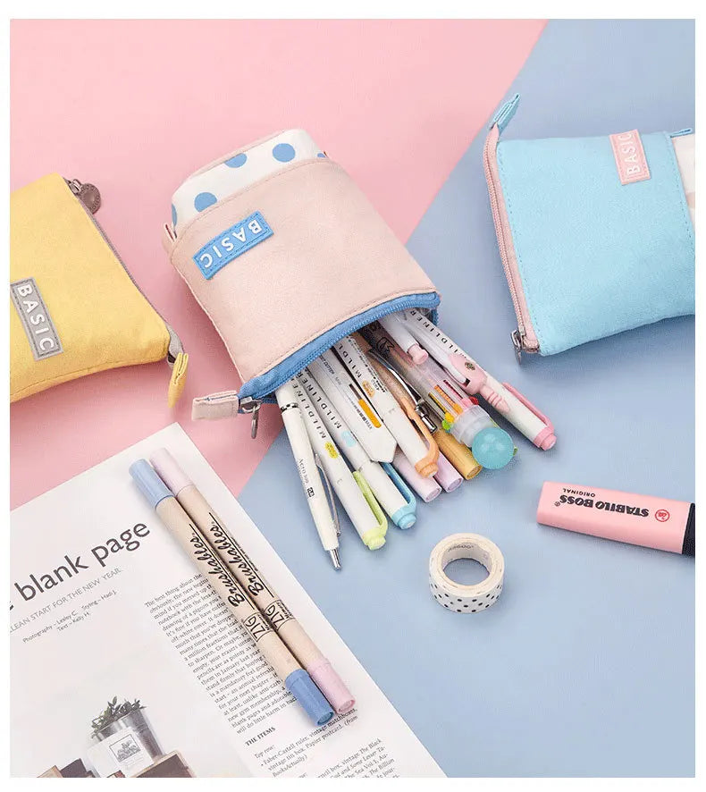 Pencil Case Dots Pen Holder Canvas Fabric Korea Stationary School Supplies Kid Ruler Organizer Gift Bag Transformer Standing Box