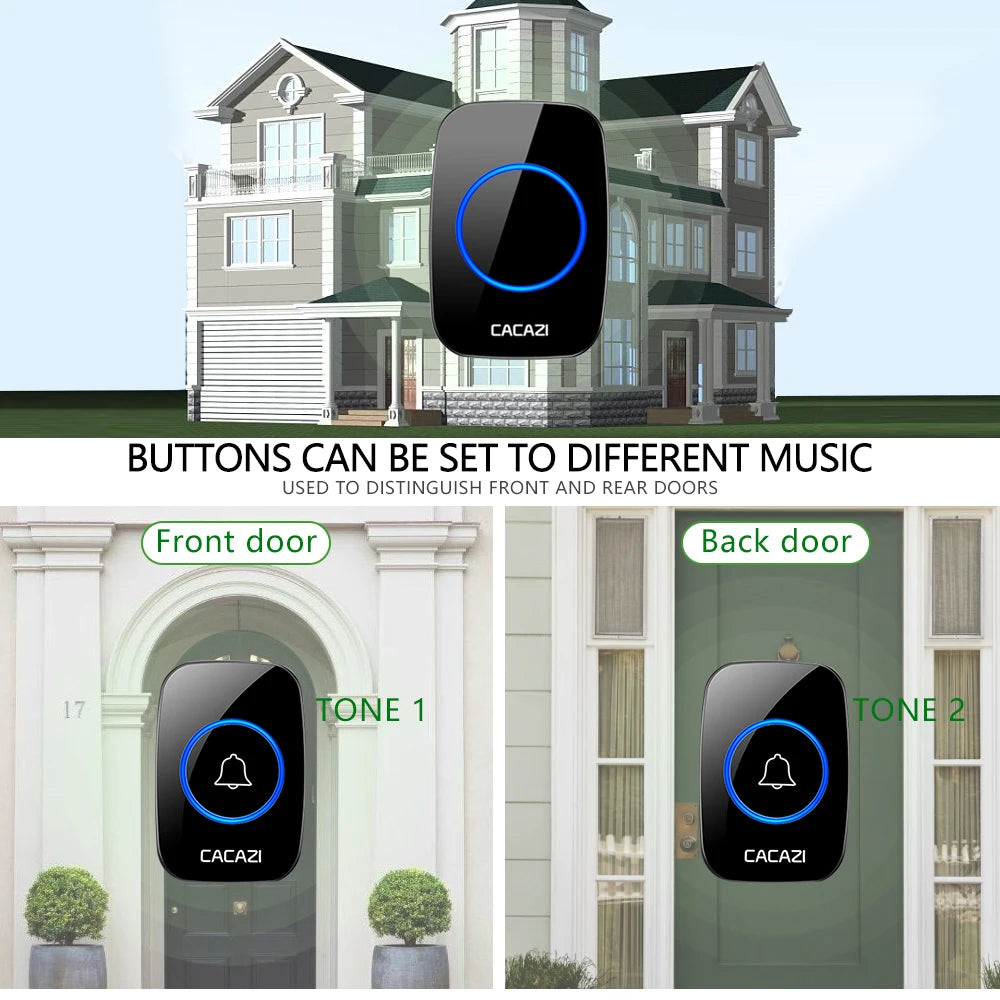CACAZI Wireless Waterproof Doorbell 300m Range US EU UK AU Plug Home Intelligent Door Bell Chime 1 2 Button 1 2 3 Receiver