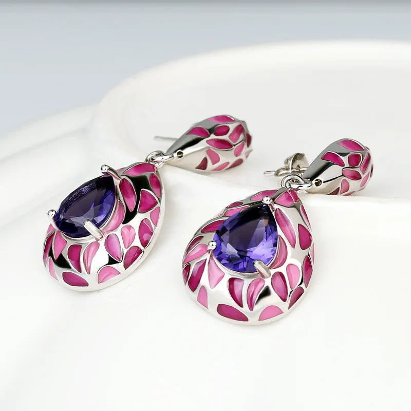 Silver Earrings for Women Genuine 925 Silver Plated Purple Stone Shiny Blue CZ Fine Jewelry Handmade Enamel Exquisite Earrings