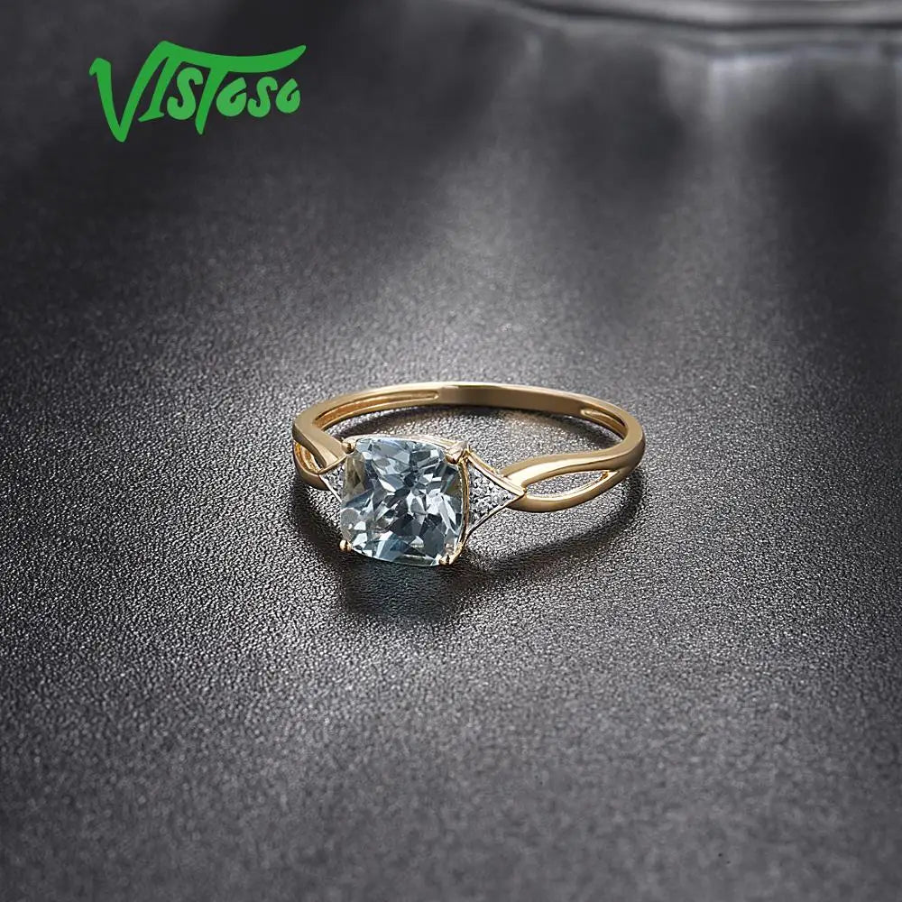 VISTOSO 14K 585 Yellow Gold Ring For Women Diamond Sky Blue Topaz Rings Gold 585 Real Original Anniversary Fine Jewelry