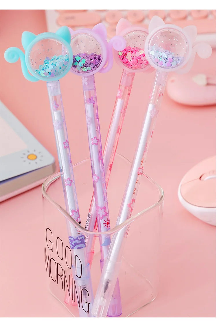 4Pcs/Set Kawaii Cat Tail Gel Pen Cute Sequins Transparent Rod Black Ink Gel Pens Office School Stationery Children Gift Pen