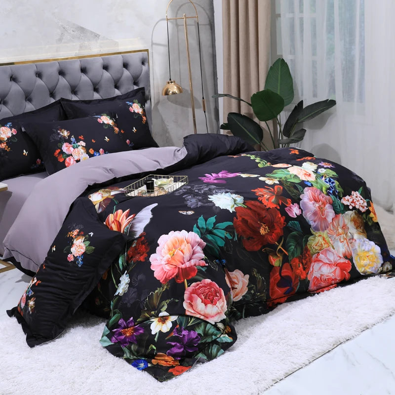 100% Egyptian Cotton US size Bedding Queen King size 4Pcs Birds and Flowers Leaf Gray Shabby Duvet Cover Bed sheet Pillow shams