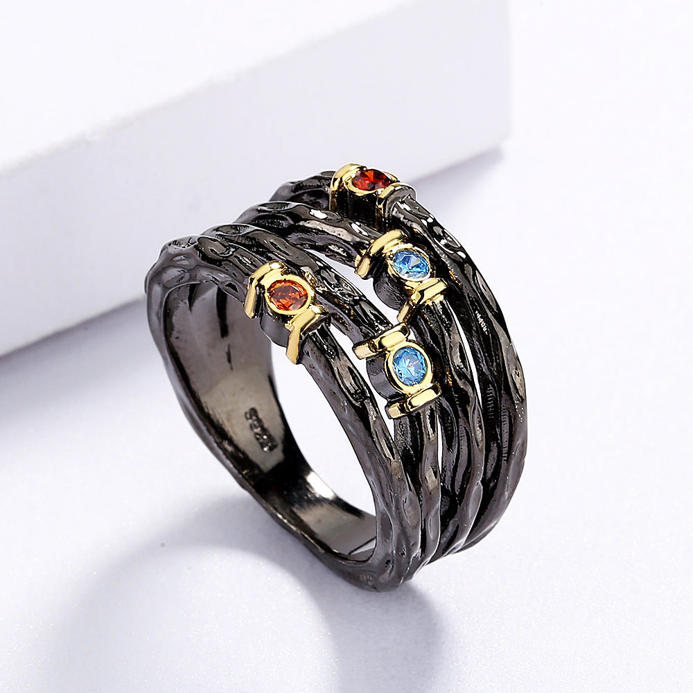 Exaggerated 925 Silver Ring Inlaid with Colorful Zircon Women's Ring Multi-layer Irregular Black Gold Jewelry Women's Party Ring