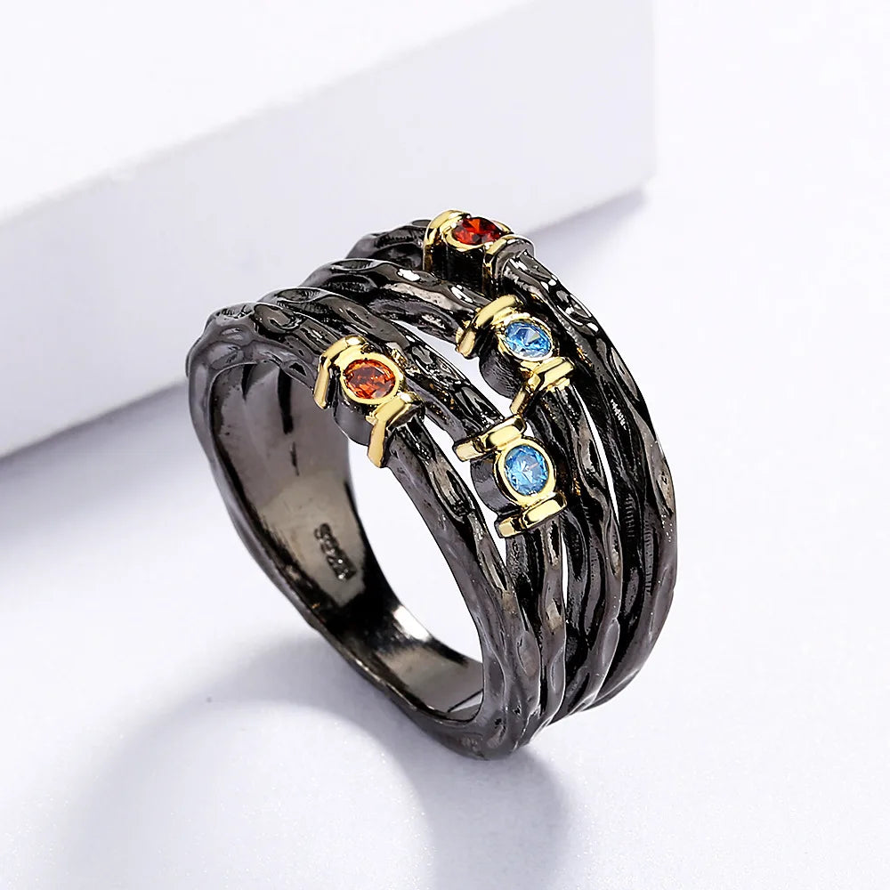 Exaggerated 925 Silver Ring Inlaid with Colorful Zircon Women's Ring Multi-layer Irregular Black Gold Jewelry Women's Party Ring