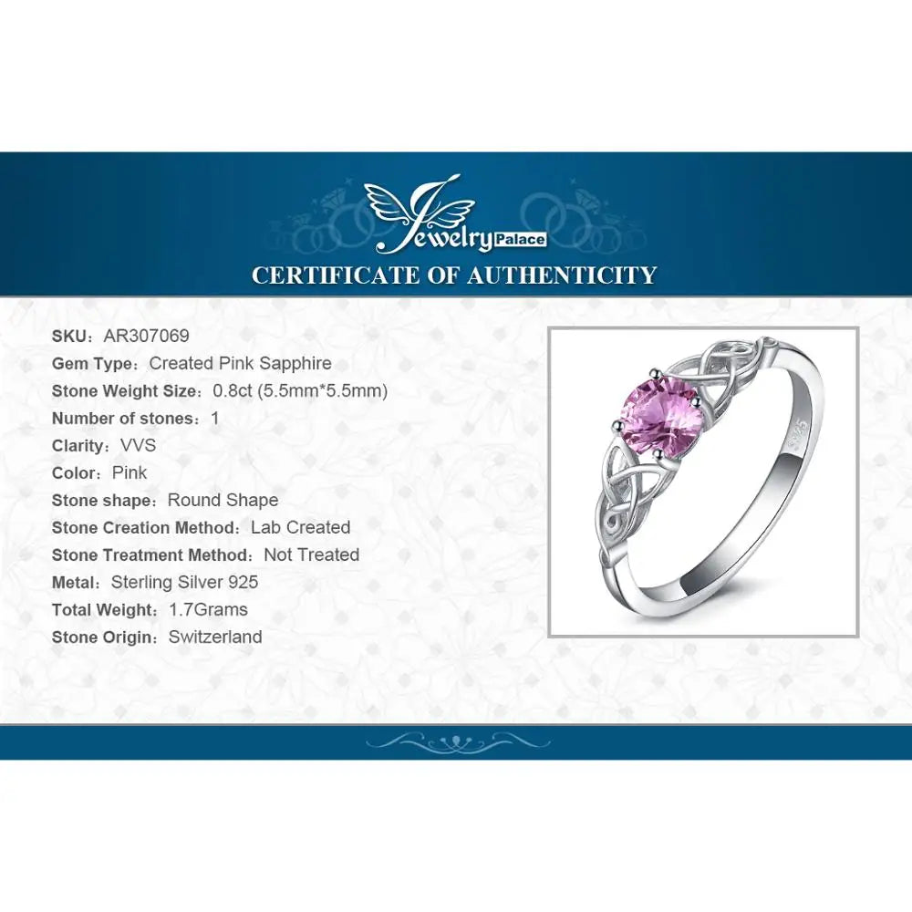 JewelryPalace Celtic Knot Created Pink Sapphire 925 Sterling Silver Ring for Women Promise Engagement Ring Fine Jewelry Gift