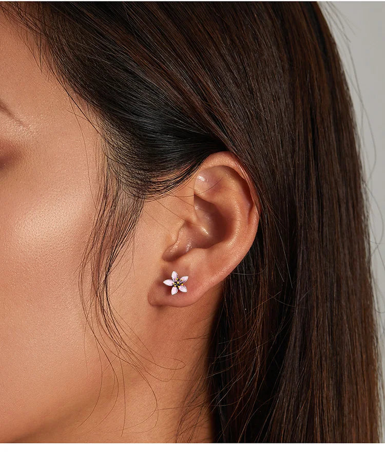 BAMOER Genuine 925 Sterling Silver Elegant Enamel Pink Cherry Blossom Stud Earrings for Women Flower Wedding Jewelry Gift