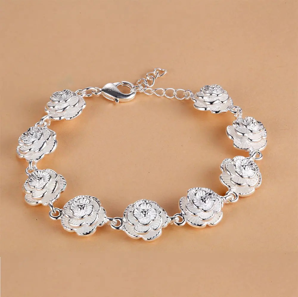 New 925 Sterling Silver Full Rose Flower Chain Bracelet For Women Fashion Pretty Wedding Party Holiday gift fine luxury Jewelry