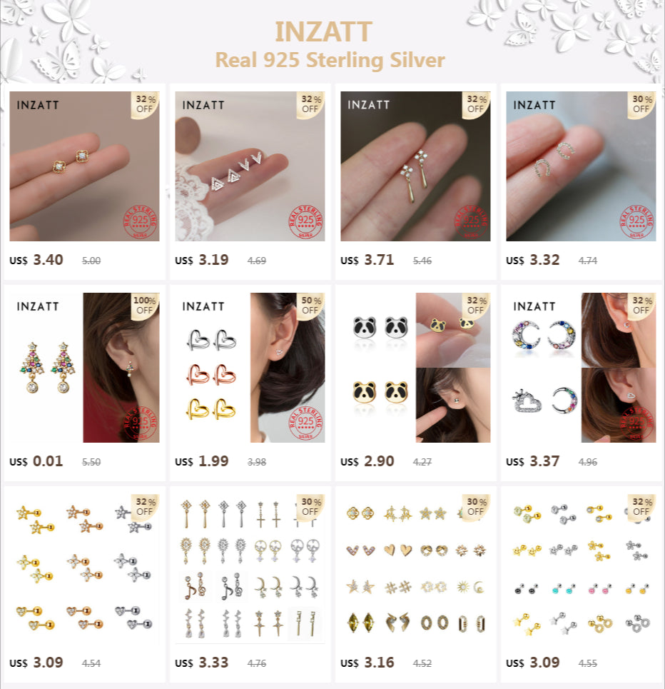 INZATT Real 925 Sterling Silver Zircon Round Screw Thread Bead Stud Earrings For Women Fine Jewelry Minimalist Accessories