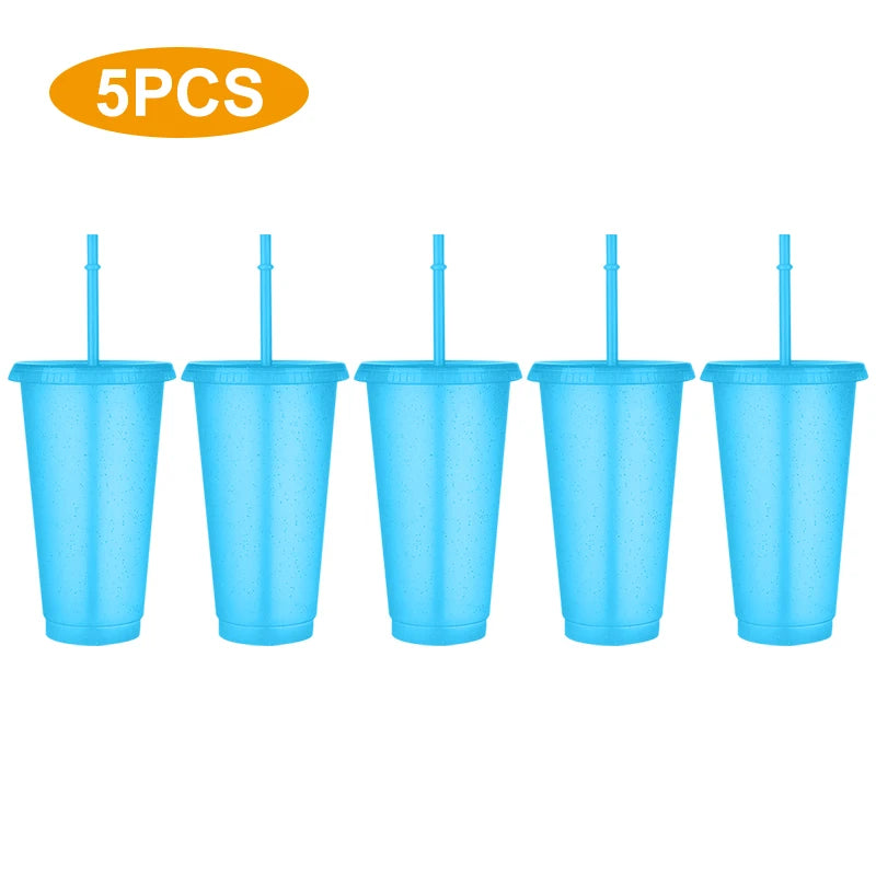 5PCS Flash Powder Water Bottles For Girl With Straw Reusable Hard Plastic Tumbler With lid Coffee Cup Drinkware Christmas Gift