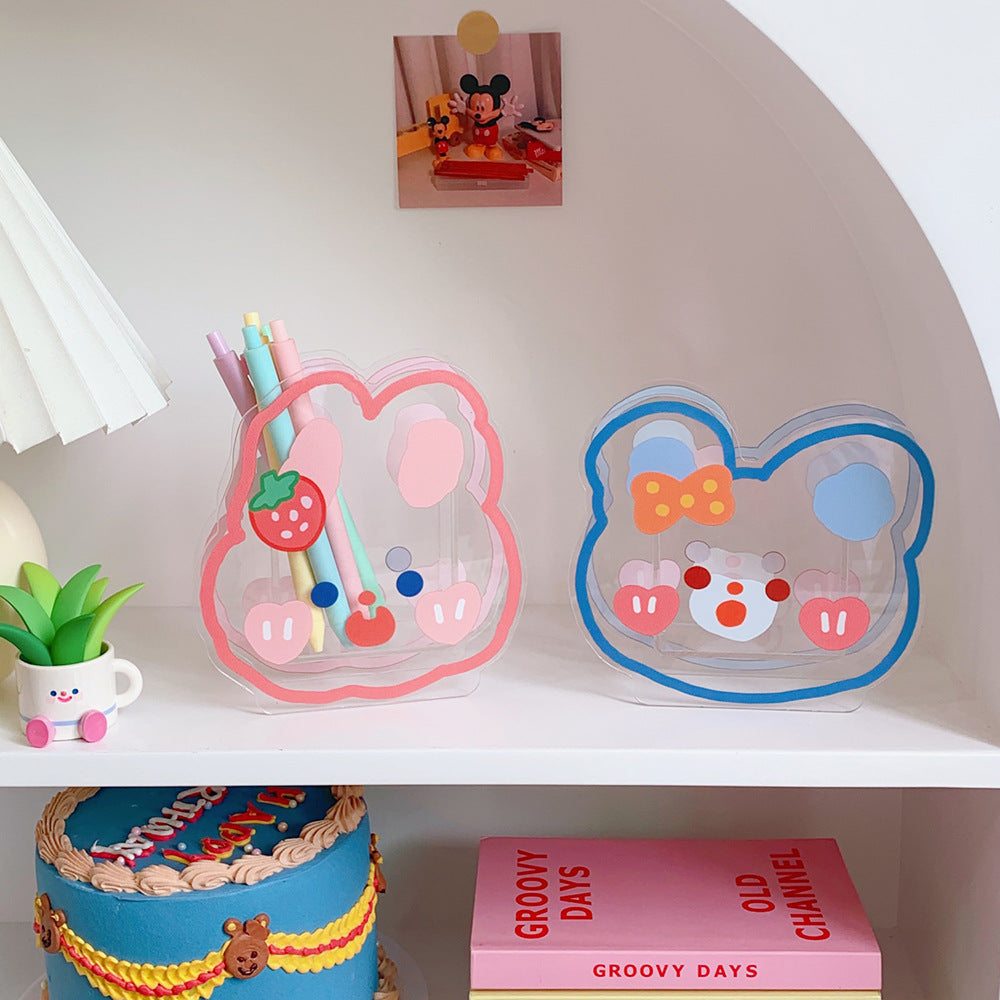 Kawaii Transparent Acrylic Pen Holder Desktop Organizer INS New Fashion Cute Bear Bunny Office Stationery Cosmetics Storage Box