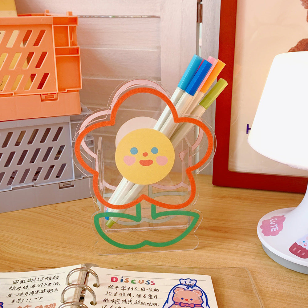 Kawaii Transparent Acrylic Pen Holder Desktop Organizer INS New Fashion Cute Bear Bunny Office Stationery Cosmetics Storage Box