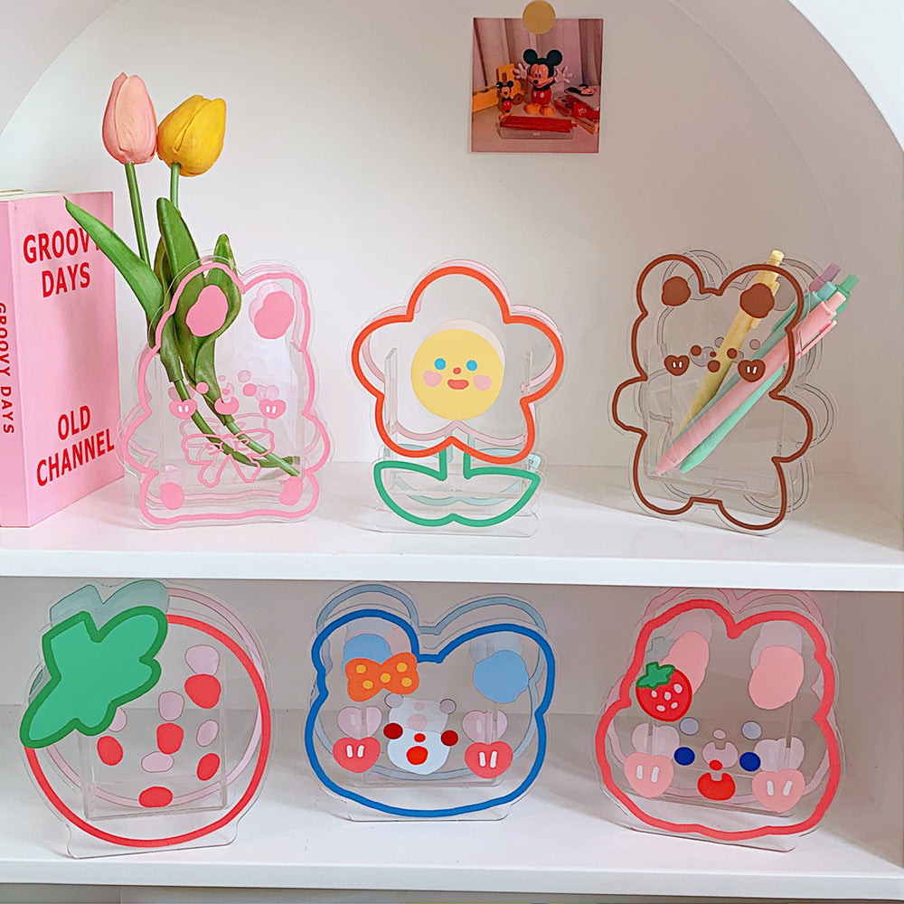 Kawaii Transparent Acrylic Pen Holder Desktop Organizer INS New Fashion Cute Bear Bunny Office Stationery Cosmetics Storage Box