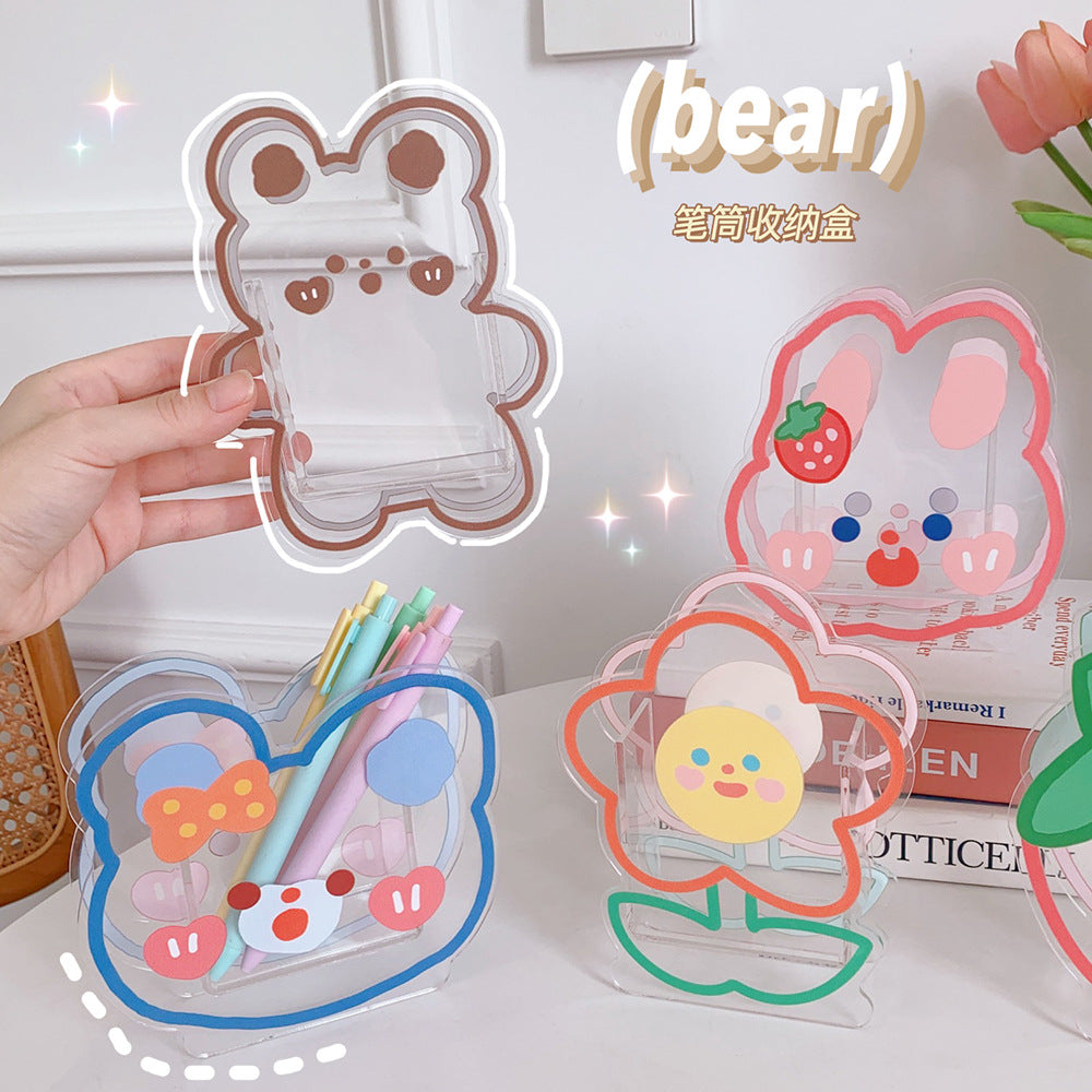 Kawaii Transparent Acrylic Pen Holder Desktop Organizer INS New Fashion Cute Bear Bunny Office Stationery Cosmetics Storage Box