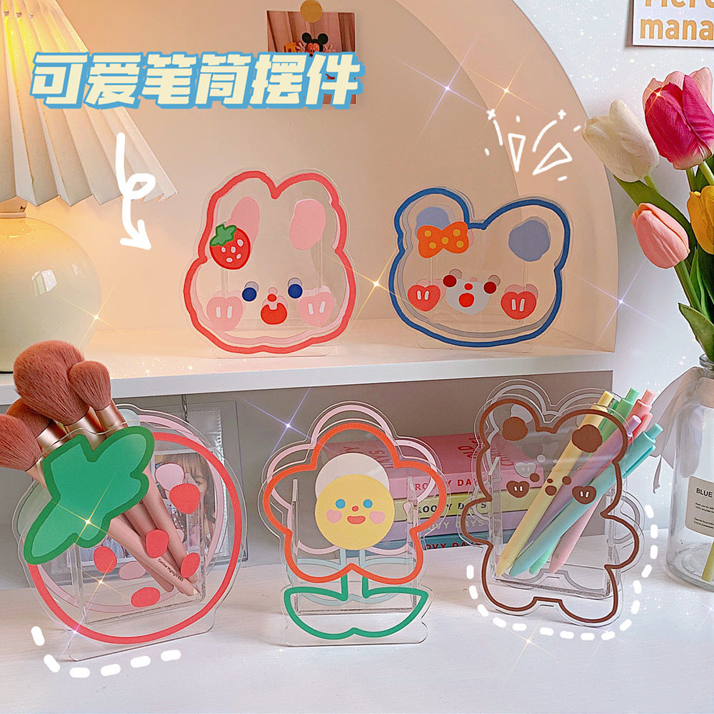 Kawaii Transparent Acrylic Pen Holder Desktop Organizer INS New Fashion Cute Bear Bunny Office Stationery Cosmetics Storage Box