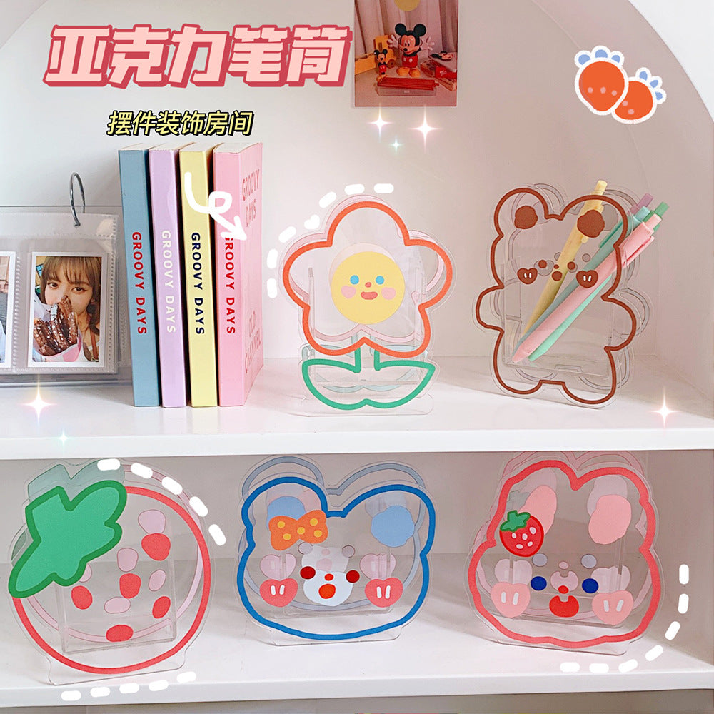 Kawaii Transparent Acrylic Pen Holder Desktop Organizer INS New Fashion Cute Bear Bunny Office Stationery Cosmetics Storage Box